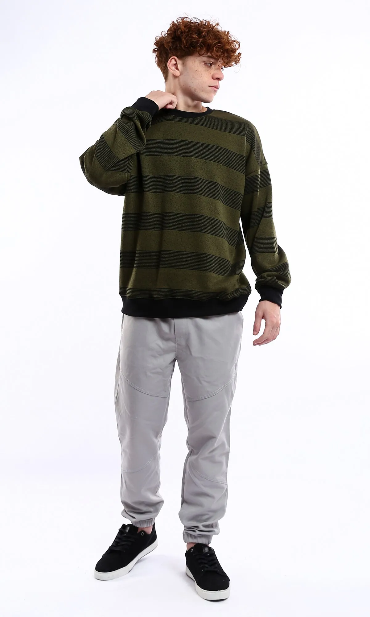 O177884 Black & Olive Striped Coziness Slip On Sweatshirt