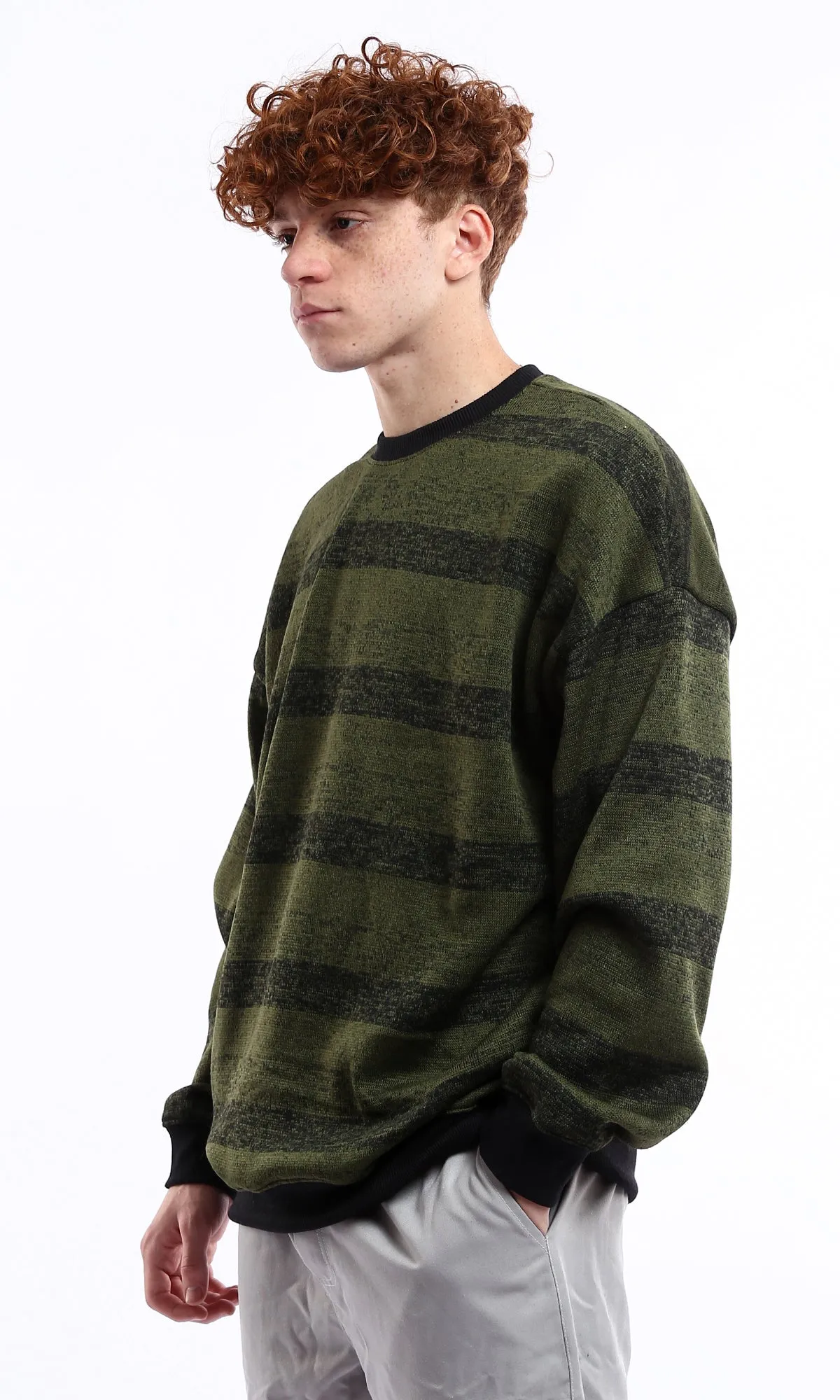 O178413 Striped Black & Olive Coziness Slip On Sweatshirt