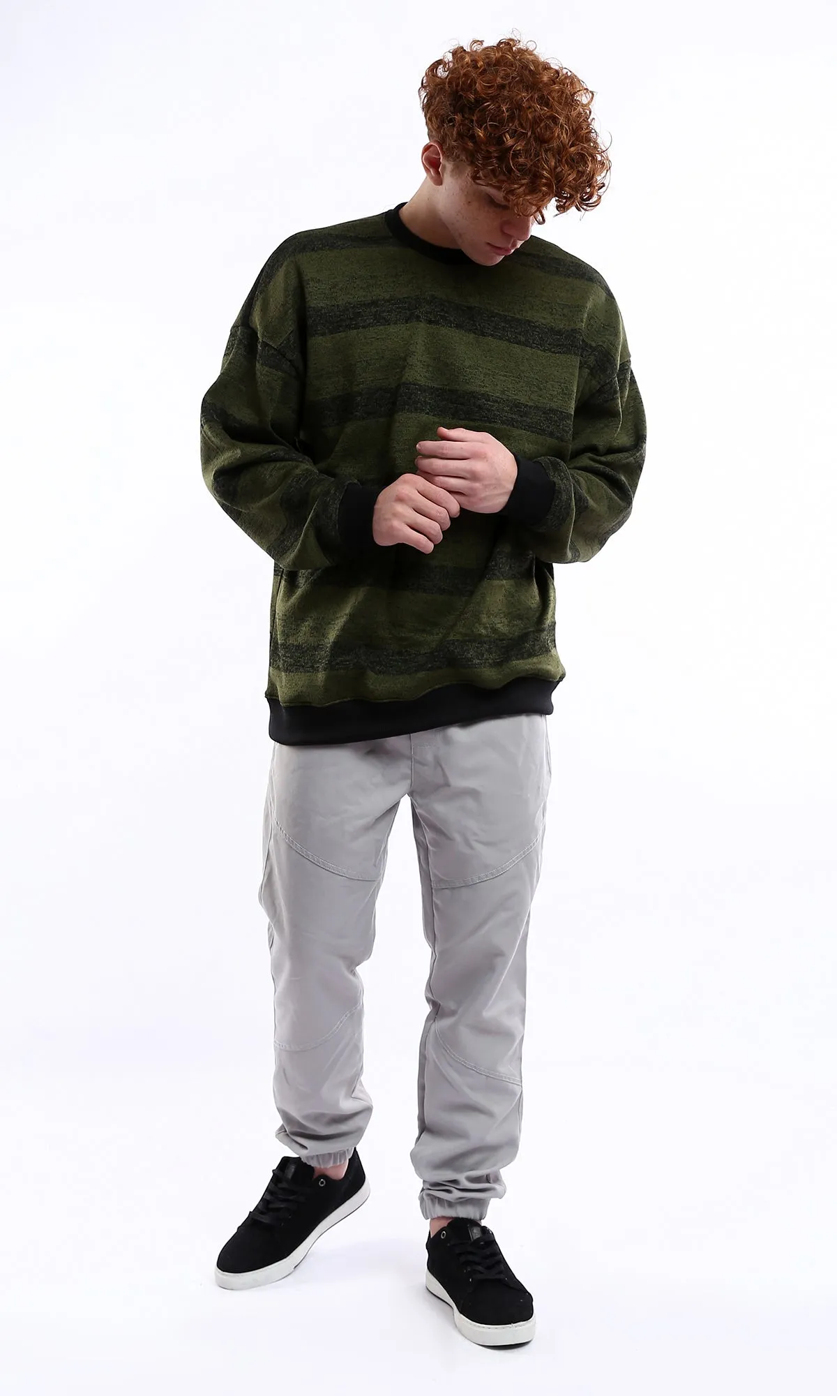 O178413 Striped Black & Olive Coziness Slip On Sweatshirt