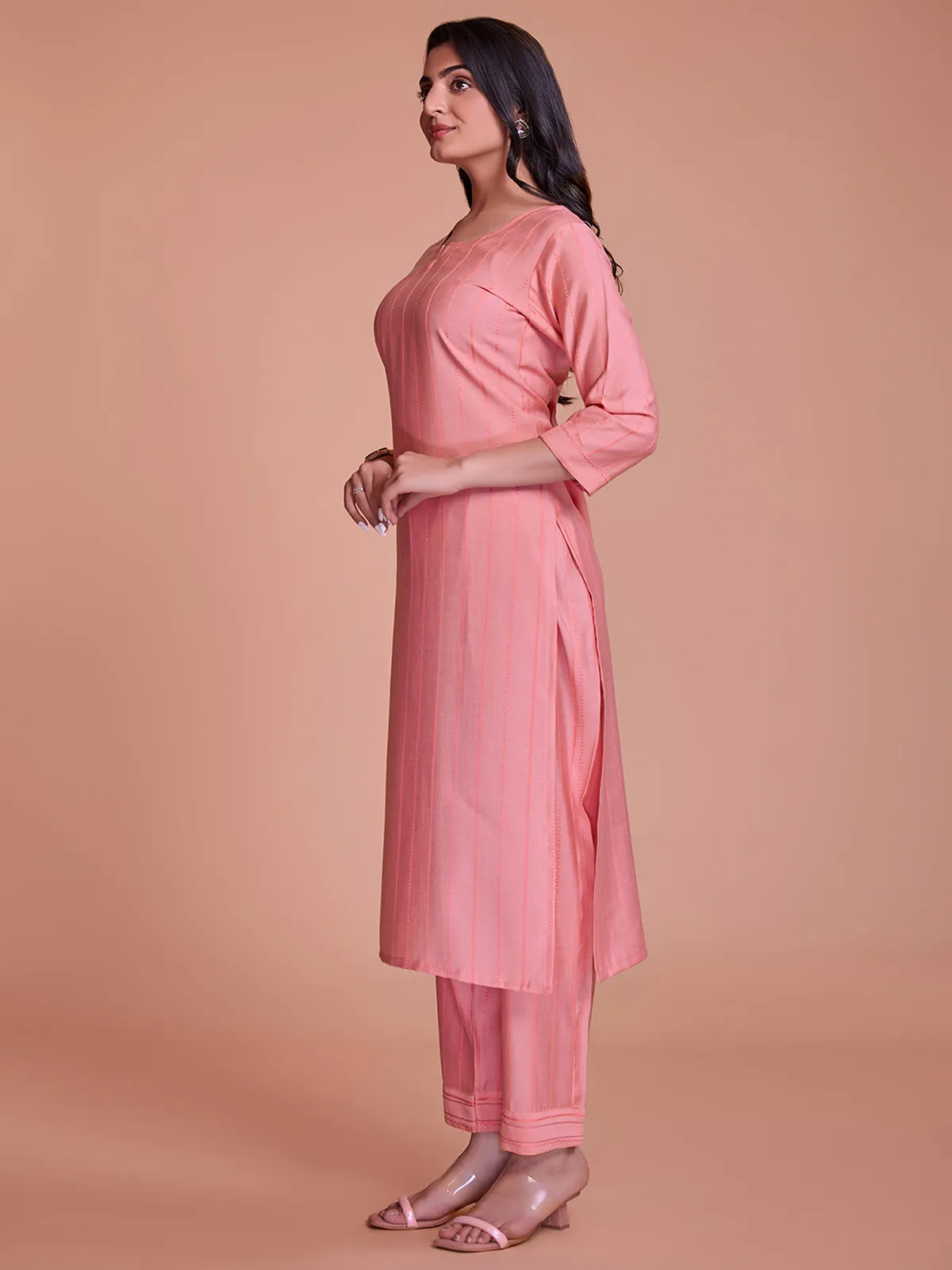 Odette Women Pink Woven Stitched Kurta Set