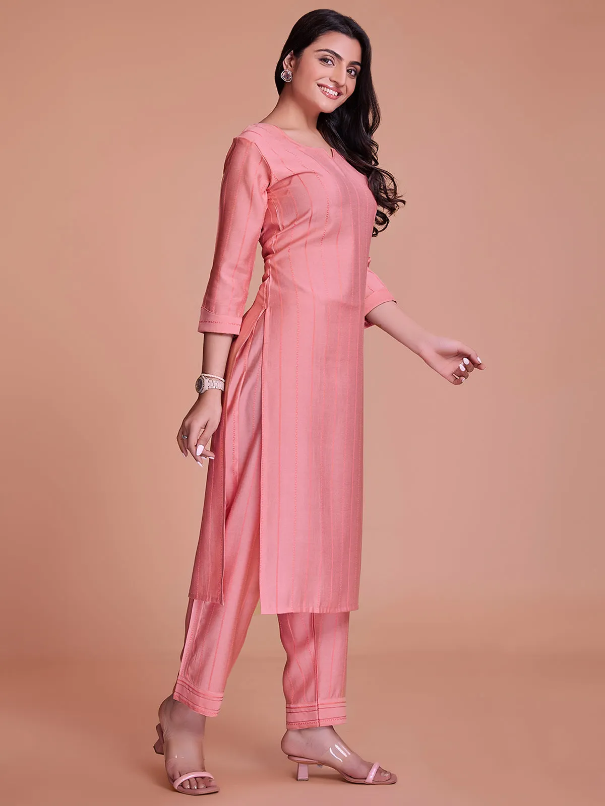 Odette Women Pink Woven Stitched Kurta Set