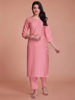 Odette Women Pink Woven Stitched Kurta Set