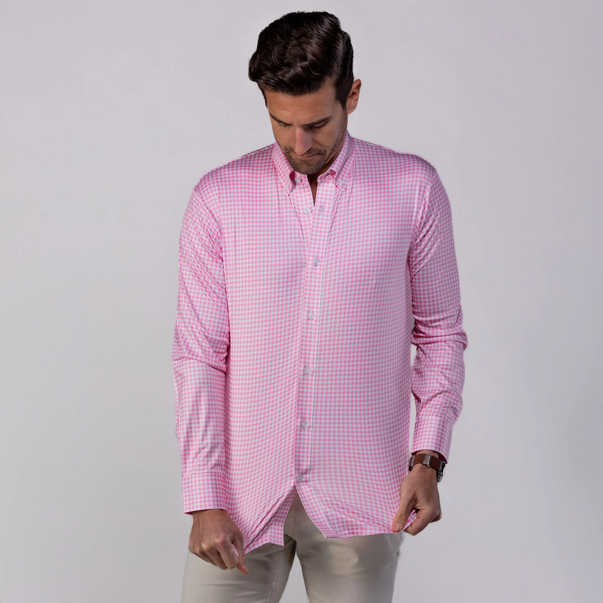 Quattro Flex Dress Shirt with Button Down Collar Pink Gingham