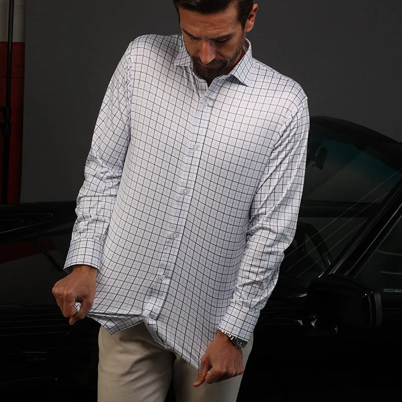 Quattro Flex Dress Shirt with Semi-Spread Collar Blue and Black Grid