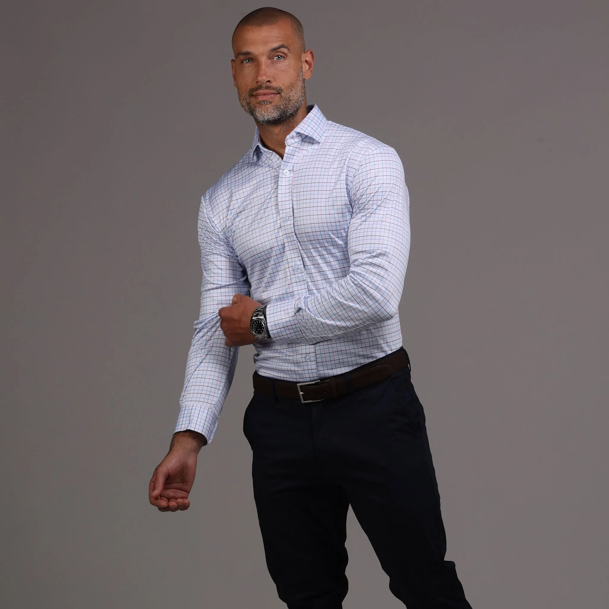 Quattro Flex Dress Shirt with Semi-Spread Collar Blue and Pink Tattersall