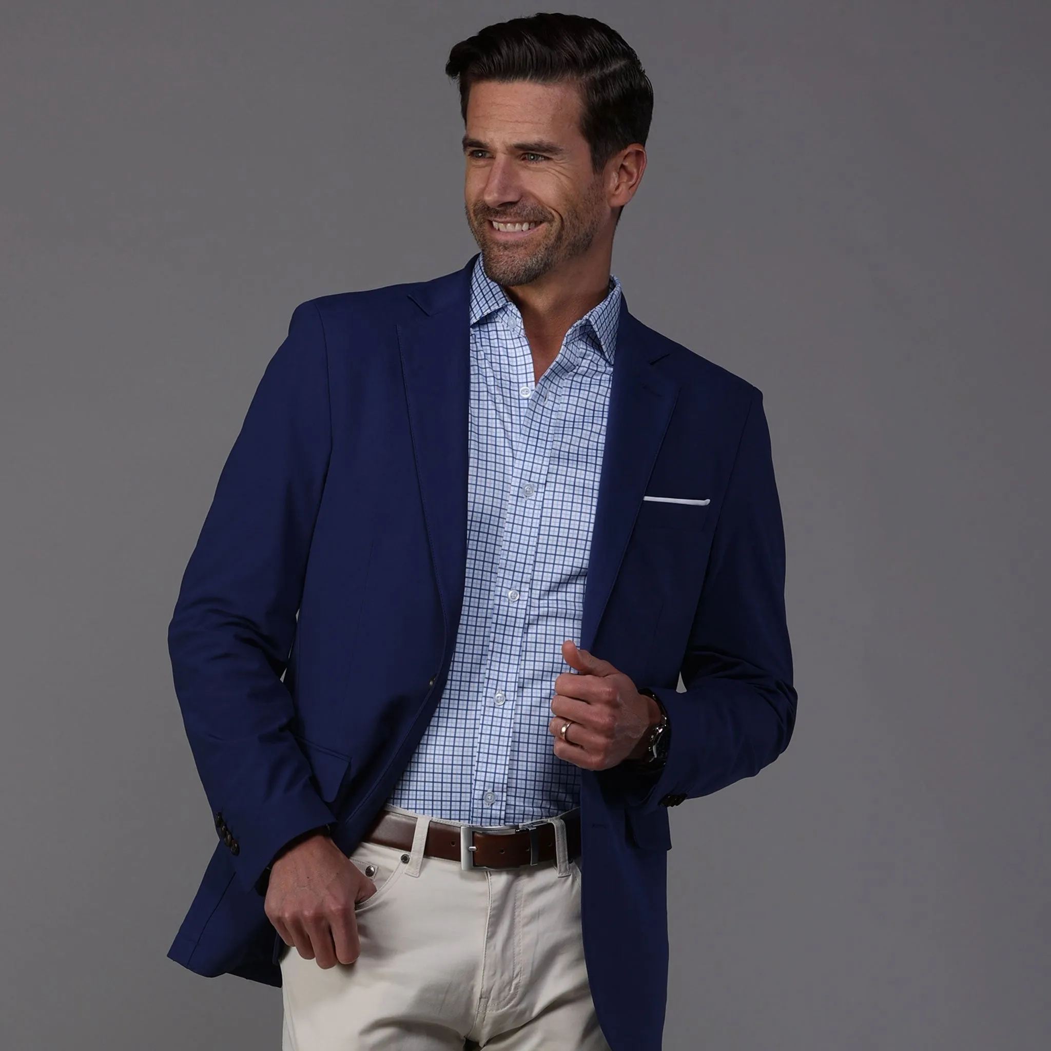 Quattro Flex Dress Shirt with Semi-Spread Collar Blue Tattersall