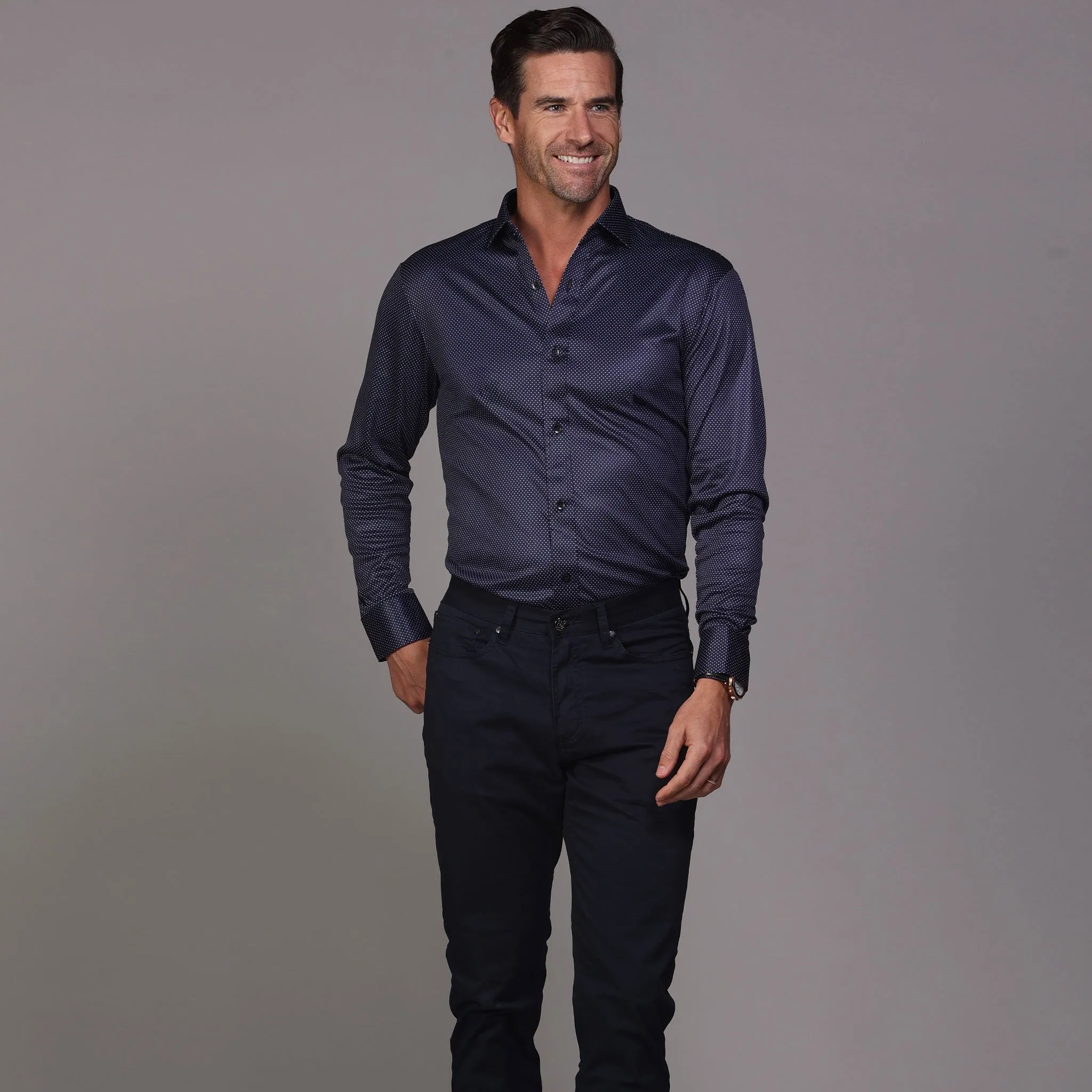 Quattro Flex Dress Shirt with Semi-Spread Collar Midnight Micro Dot