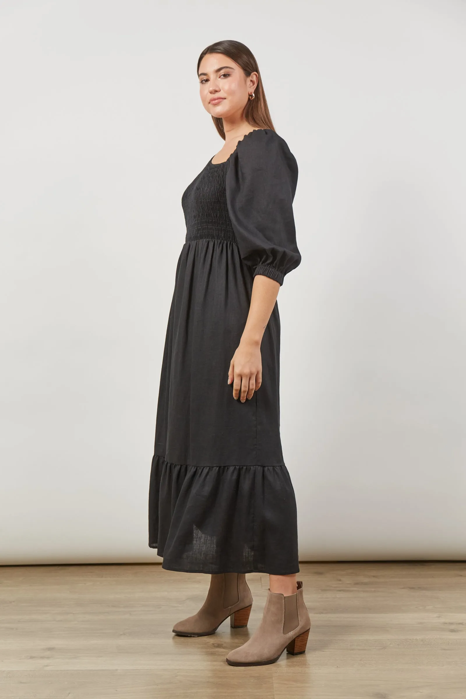 SALE - Panorama Shirred Maxi Dress - Onyx Black