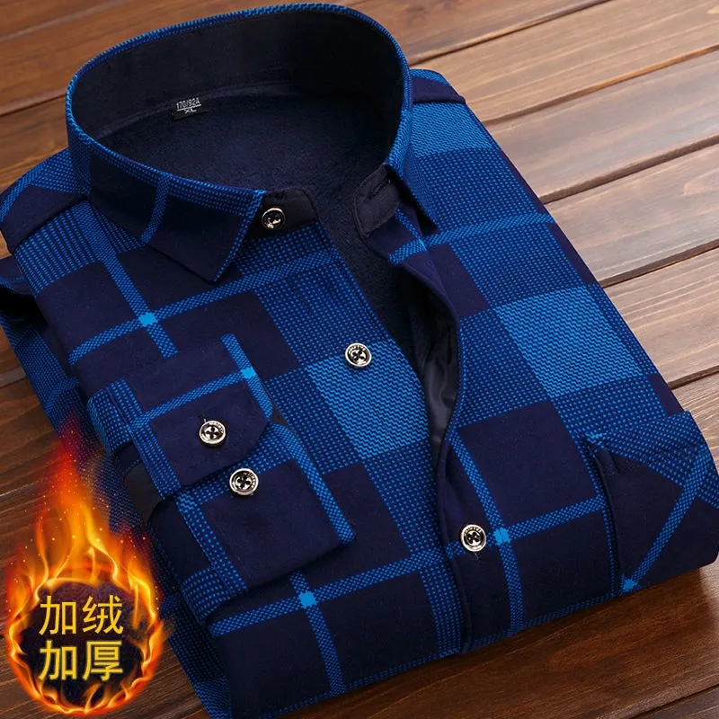 Spring Winter Men Long Sleeve Plaid Flannel Fur Lined Thick Work Shirts