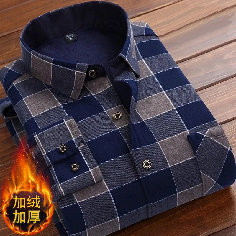 Spring Winter Men Long Sleeve Plaid Flannel Fur Lined Thick Work Shirts