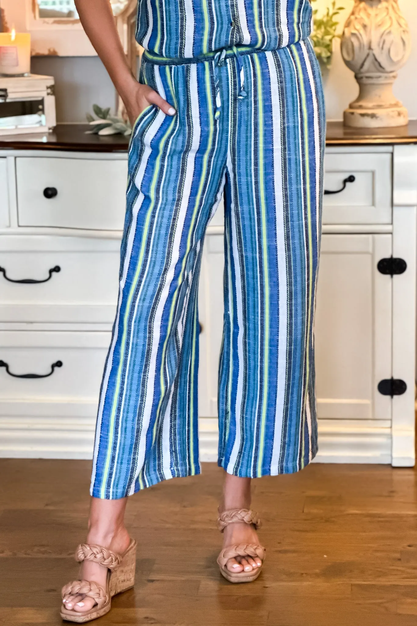 Tribal Hilo Linen Striped Flowy Pants : Blue Sea