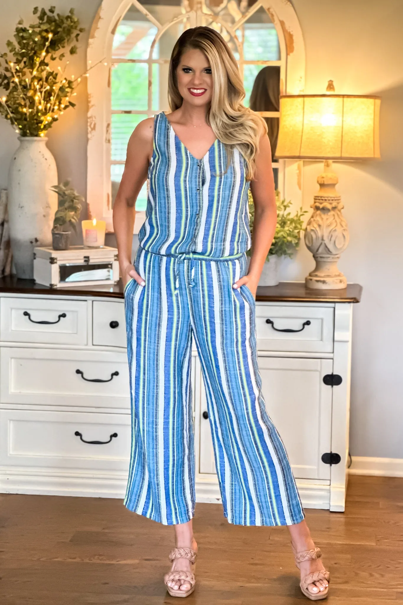 Tribal Hilo Linen Striped Flowy Pants : Blue Sea