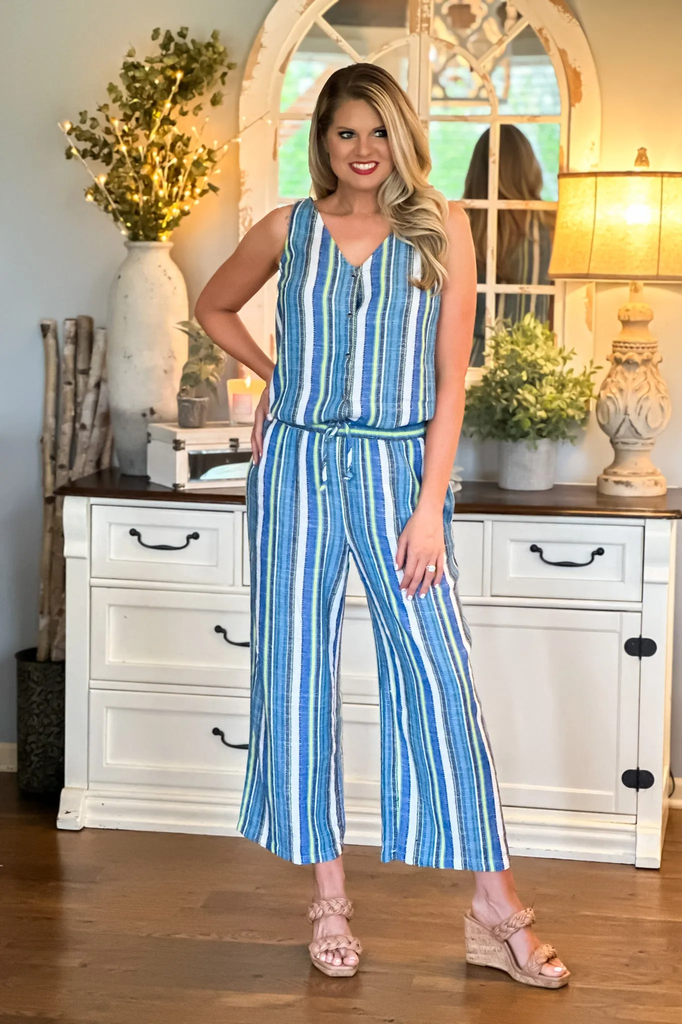 Tribal Hilo Linen Striped Flowy Pants : Blue Sea