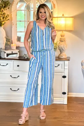 Tribal Hilo Linen Striped Flowy Pants : Blue Sea