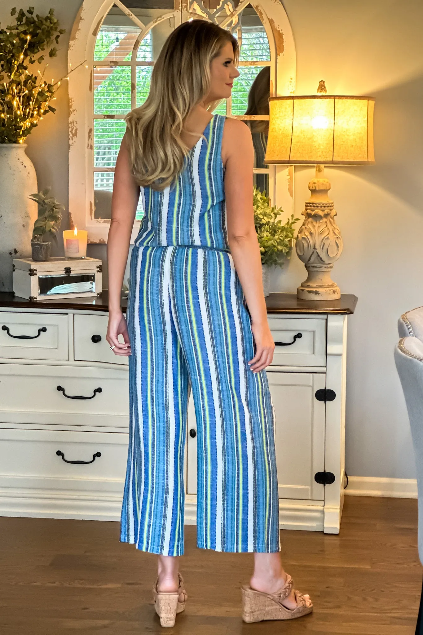 Tribal Hilo Linen Striped Flowy Pants : Blue Sea