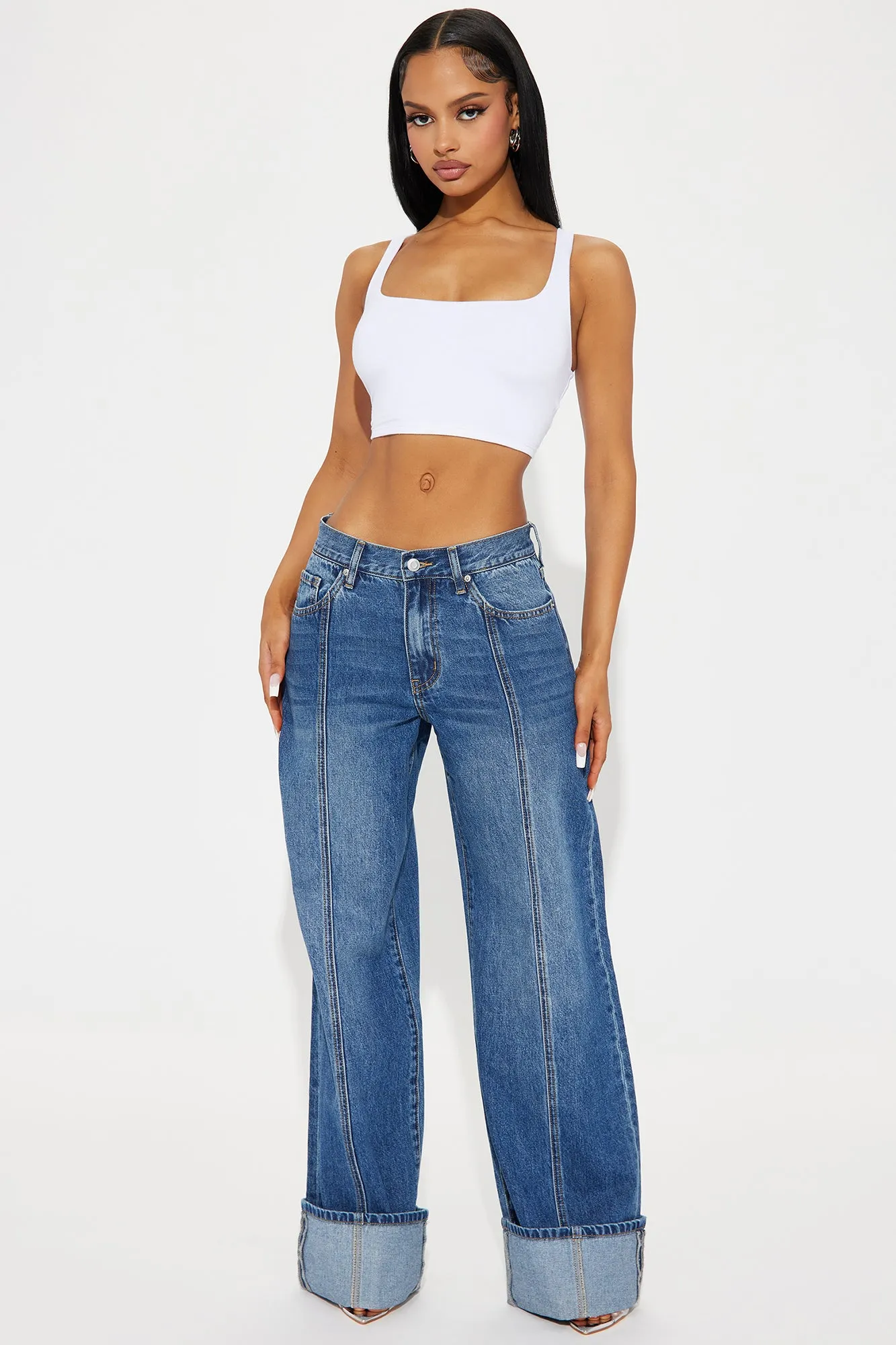 Unpredictable Cuffed Wide Leg Jeans - Medium Wash