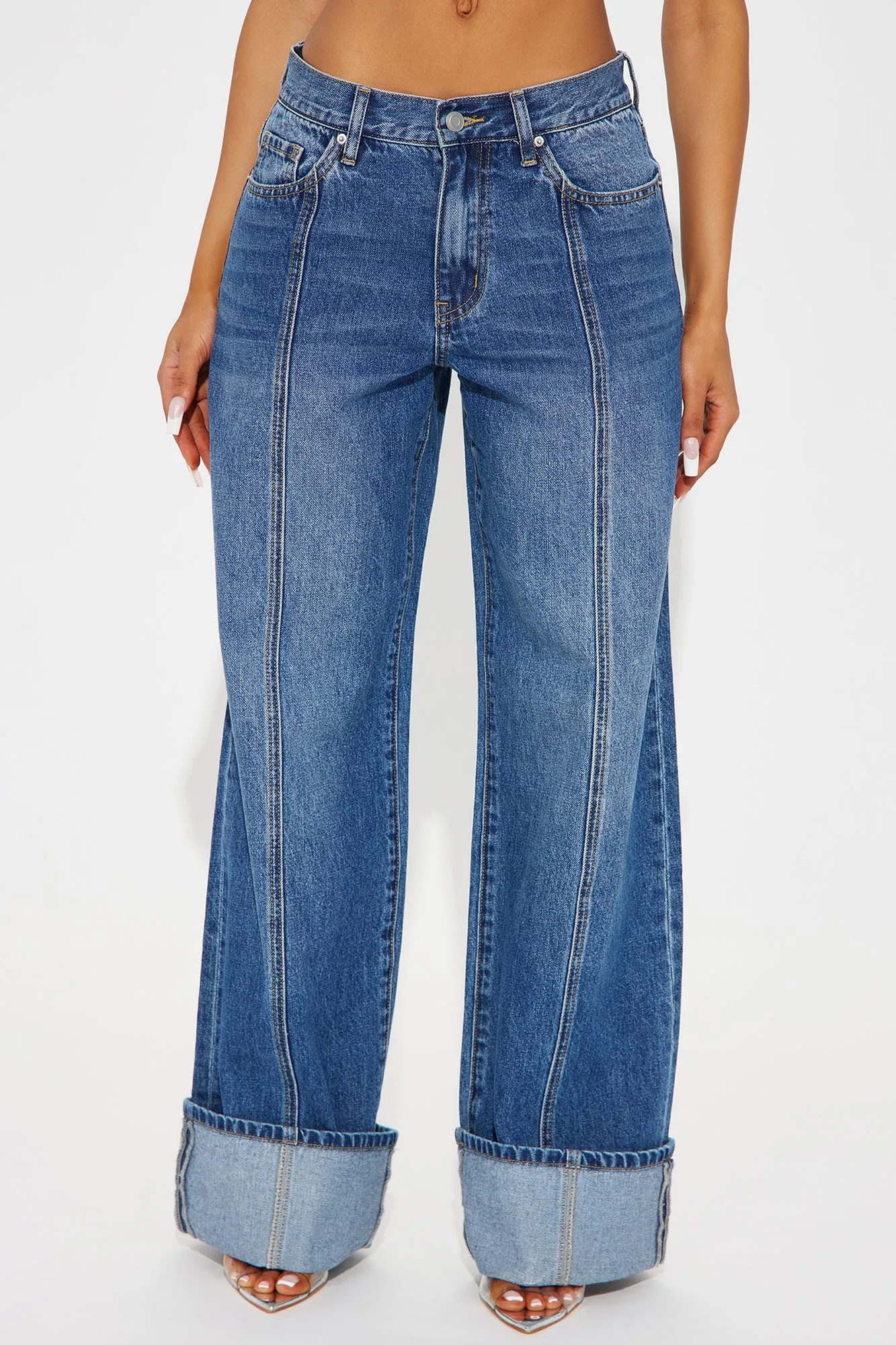 Unpredictable Cuffed Wide Leg Jeans - Medium Wash