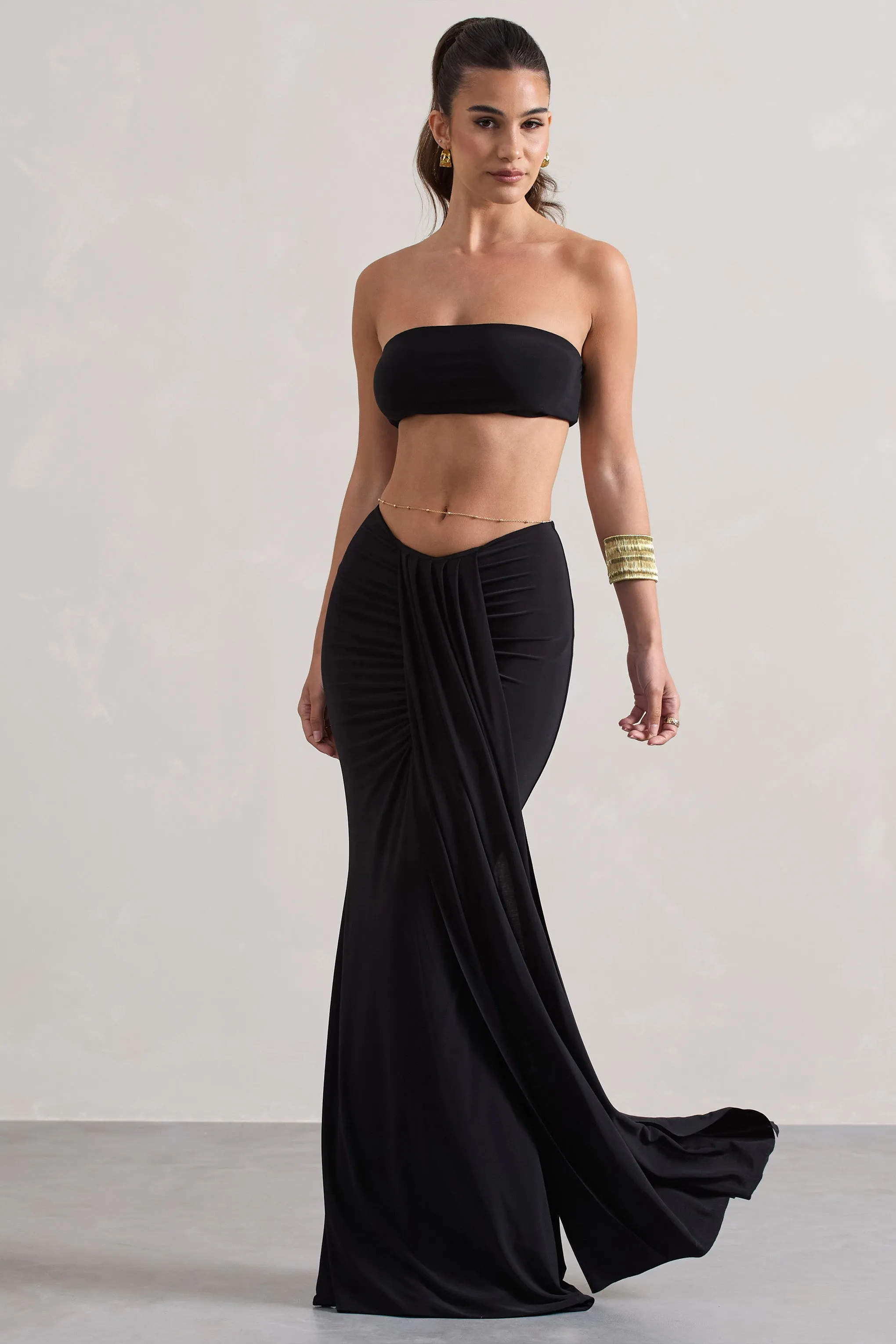 Vitality | Black Ruched Drape Maxi Skirt