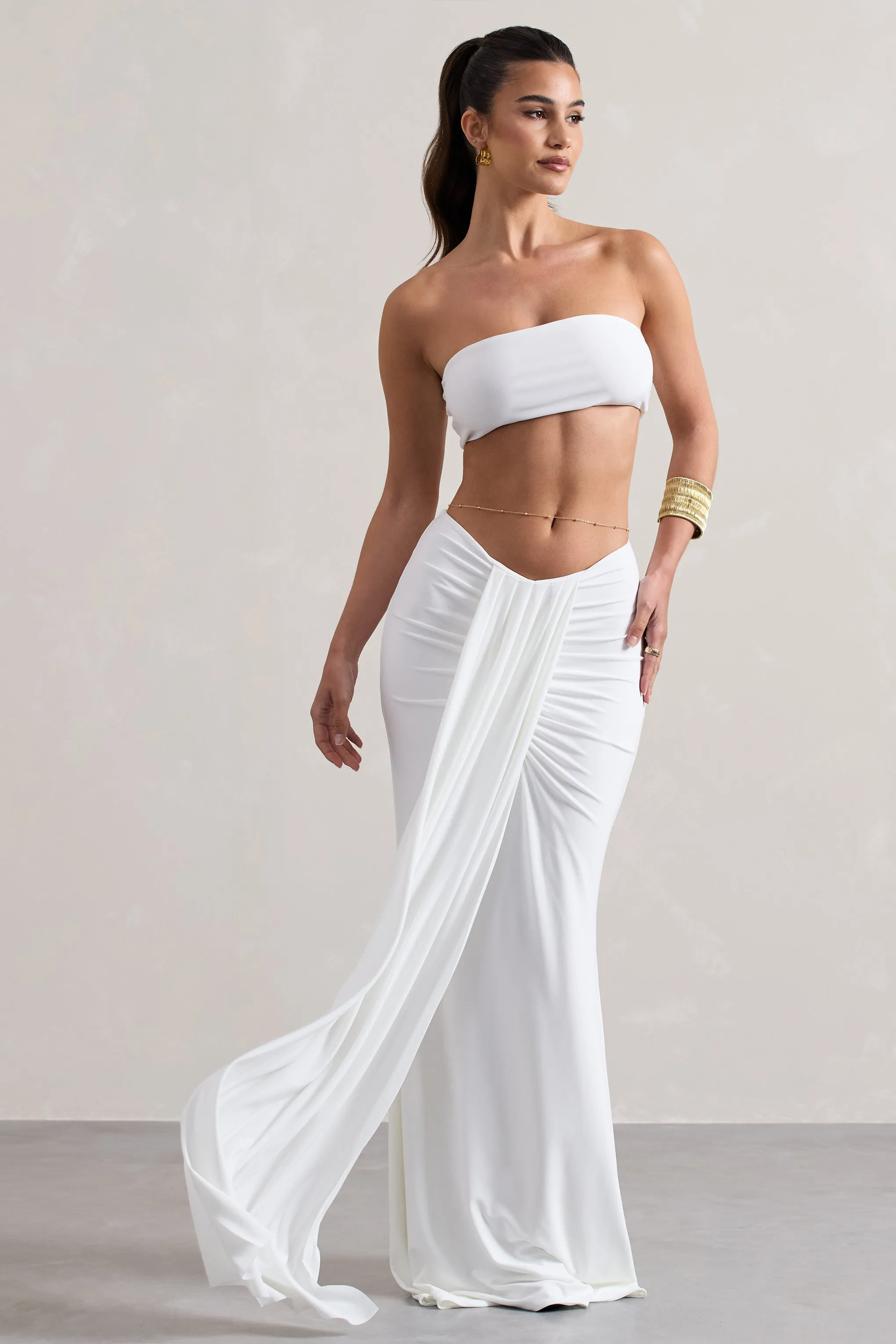 Vitality | White Ruched Drape Maxi Skirt