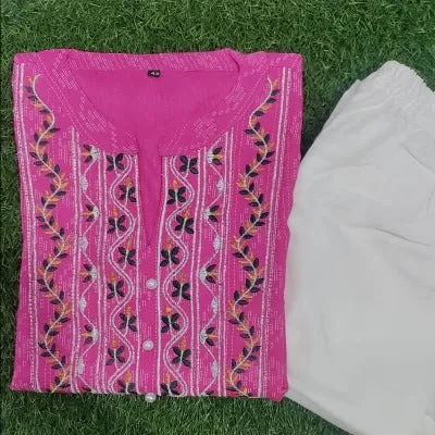 Women Pink Embroidered Cotton Kurti