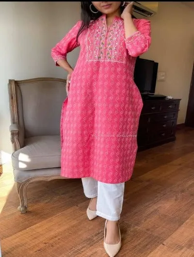 Women Pink Embroidered Cotton Kurti