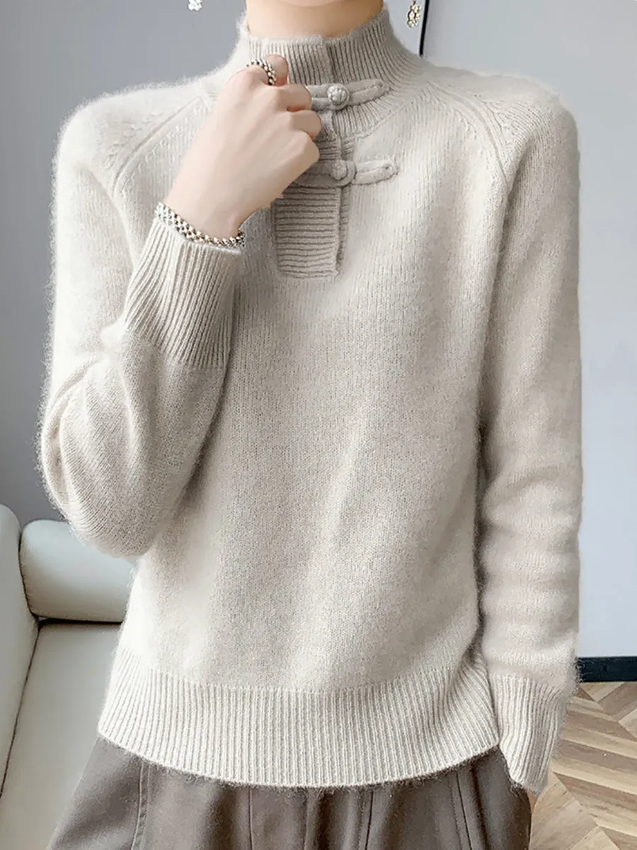 Women Retro Solid Winter Wool Half-Turtleneck Sweater