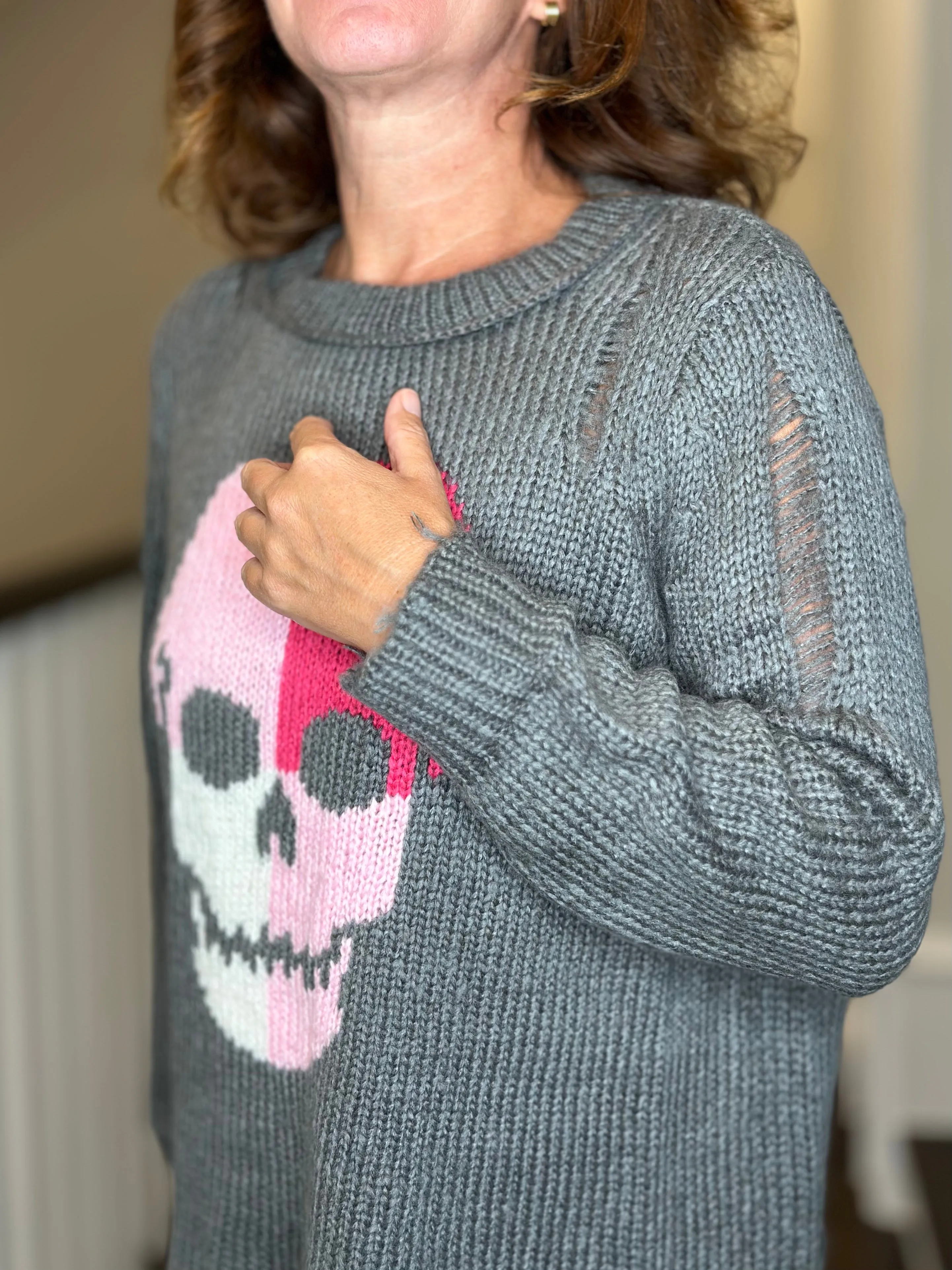 Wooden Ships Colorblock Skull Crew Sweater in Gunmetal