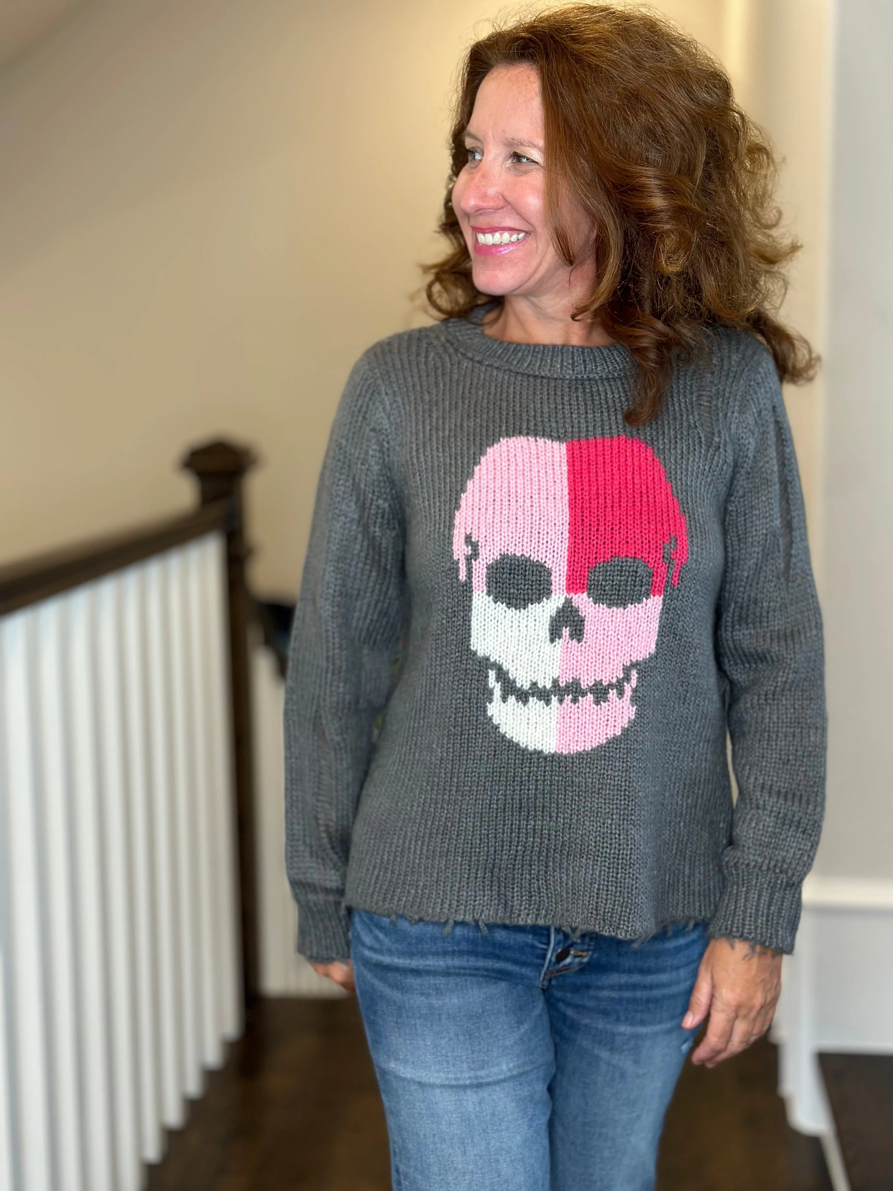 Wooden Ships Colorblock Skull Crew Sweater in Gunmetal